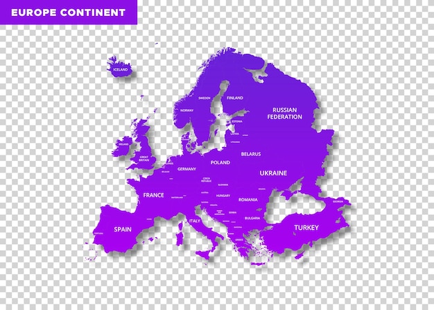 PSD carte du continent de l'europe en couleur violette sur un fond transparent