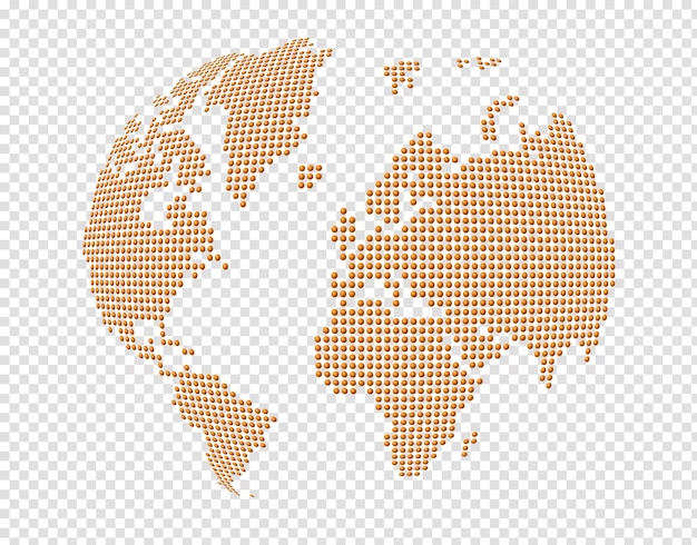 PSD carte du monde globe faite de points orange isolé sur fond transparent