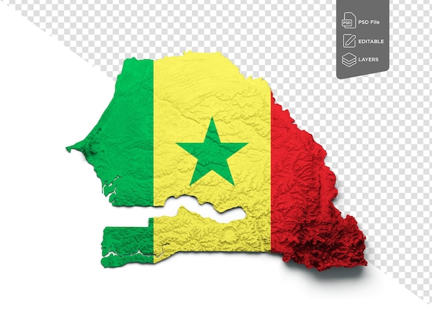 Carte du Sénégal Drapeau du Sénégal Carte de hauteur de couleur en relief ombré sur fond blanc Illustration 3d