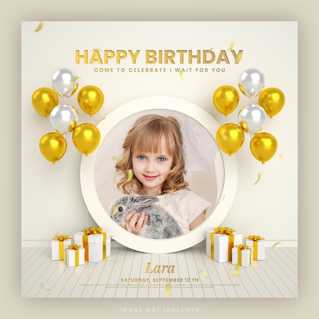 PSD carte d'enfants d'invitation de joyeux anniversaire pour le modèle de publication de médias sociaux instagram doré avec maquette