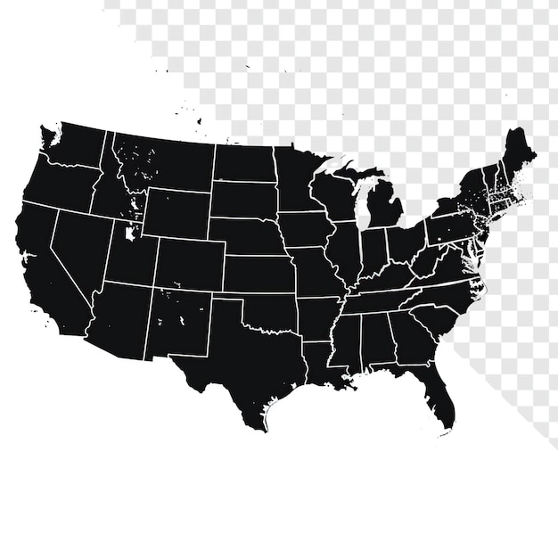 PSD carte des états-unis en noir et blanc avec des frontières d'état transparentes