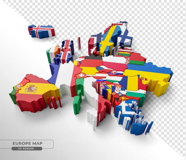 PSD carte de l'europe avec des drapeaux de pays en rendu 3d isométrique