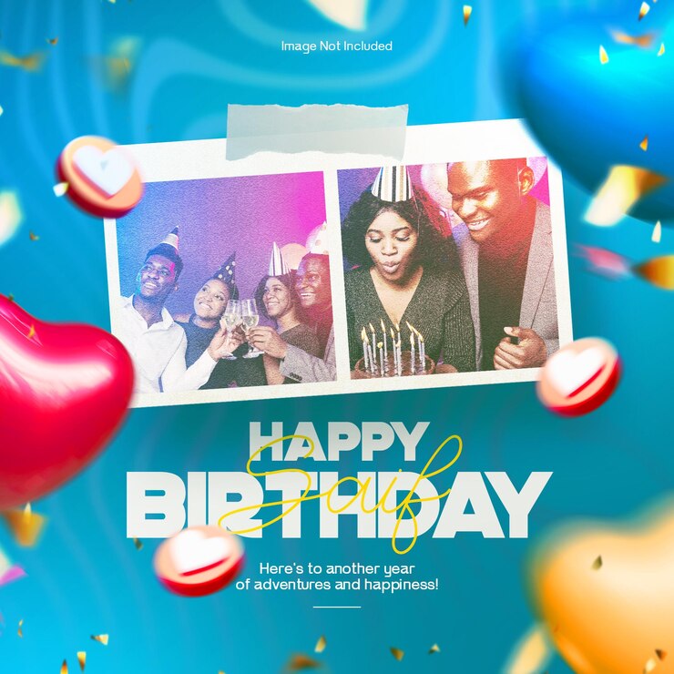 PSD carte de fête d'anniversaire postée sur les réseaux sociaux avec des confettis de ballons et un cadre photo