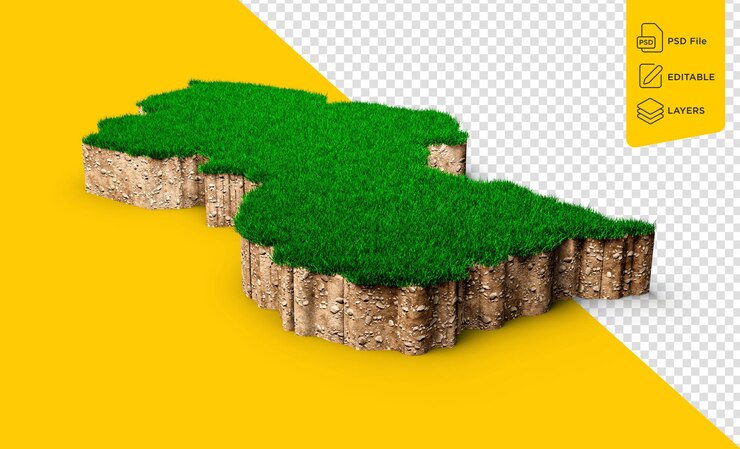 PSD carte de la guyane coupe transversale de la géologie des terres du sol avec de l'herbe verte et de la texture du sol rocheux illustration 3d