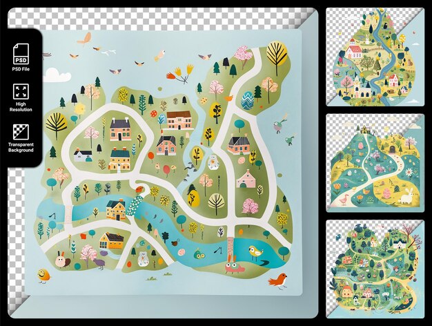 PSD une carte illustrée capricieuse avec des maisons et des arbres isolés sur un fond transparent