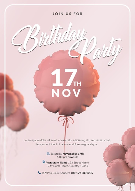 PSD carte d'invitation d'anniversaire rose