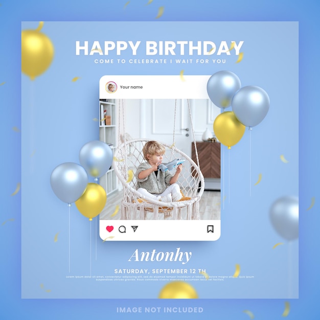 Carte D'invitation De Joyeux Anniversaire De Garçon Pour Le Modèle De Publication De Médias Sociaux Instagram Bleu Avec Maquette