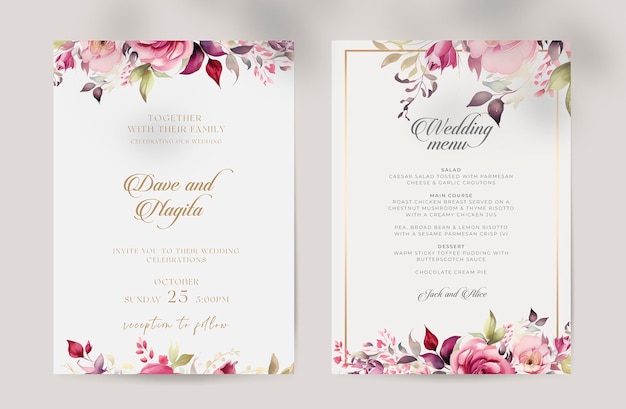 PSD carte d'invitation de mariage en aquarelle avec un cadre doré avec une fleur de beauté