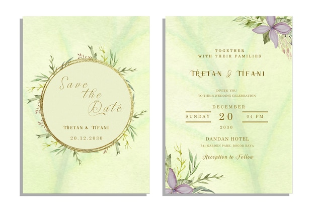 PSD carte d'invitation de mariage aquarelle élégante avec des feuilles de verdure psd