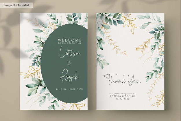 Carte d'invitation de mariage à l'aquarelle en feuilles vertes élégantes