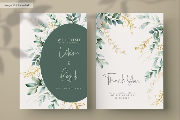 PSD carte d'invitation de mariage à l'aquarelle en feuilles vertes élégantes