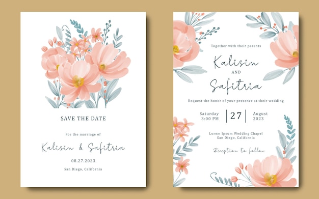 PSD carte d'invitation de mariage avec de belles fleurs à l'aquarelle