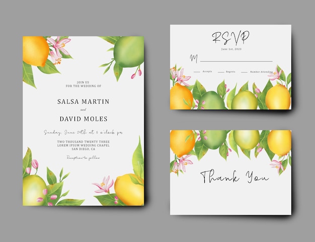 PSD carte d'invitation de mariage et carte rsvp avec décoration illustration citron aquarelle