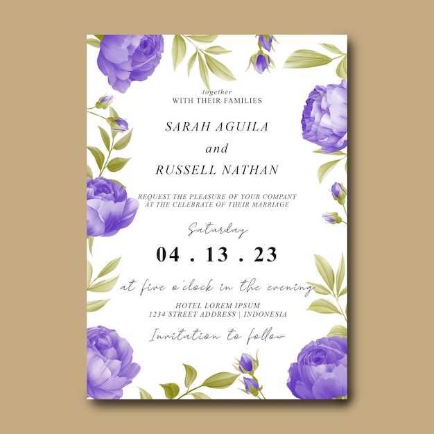 carte d'invitation de mariage avec couronne violette aquarelle