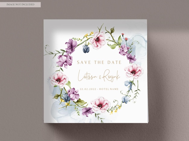 PSD carte d'invitation de mariage avec des fleurs et des feuilles aquarelle
