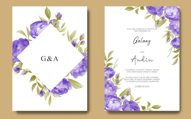 PSD carte d'invitation de mariage avec des fleurs violettes aquarelles