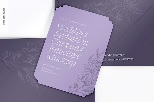 Carte d'invitation de mariage et maquette d'enveloppes, vue de droite