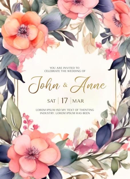 Carte D'invitation De Mariage En Psd Avec Des Fleurs D'aquarelle Délicates