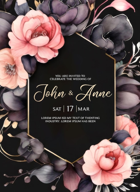 PSD carte d'invitation de mariage en psd avec des fleurs d'aquarelle délicates