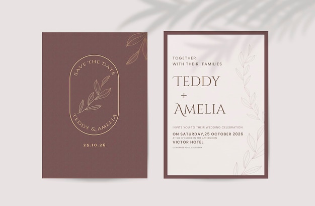 PSD une carte d'invitation de mariage vintage élégante simple marron et blanc sertie de fond marron