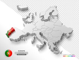 Carte isométrique du portugal europe avec drapeau en rendu 3d