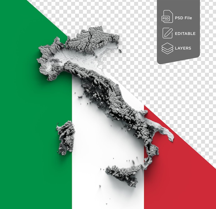 PSD carte de l'italie relief ombragé couleur hauteur carte sur le drapeau de l'italy arrière-plan illustration 3d