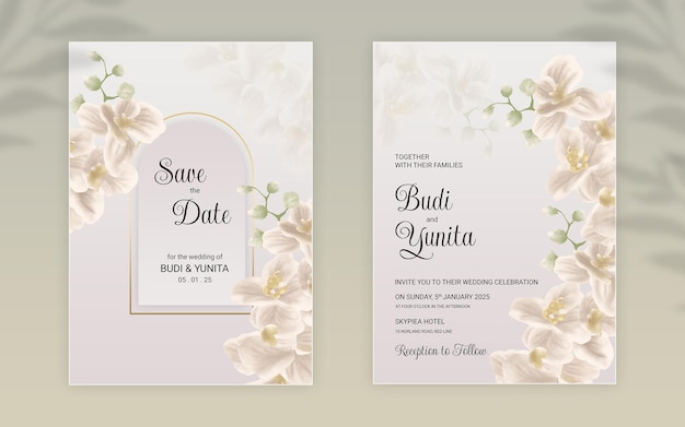 Carte de modèle d'invitation de mariage double face PSD avec fleur d'orchidée blanche et cadre doré