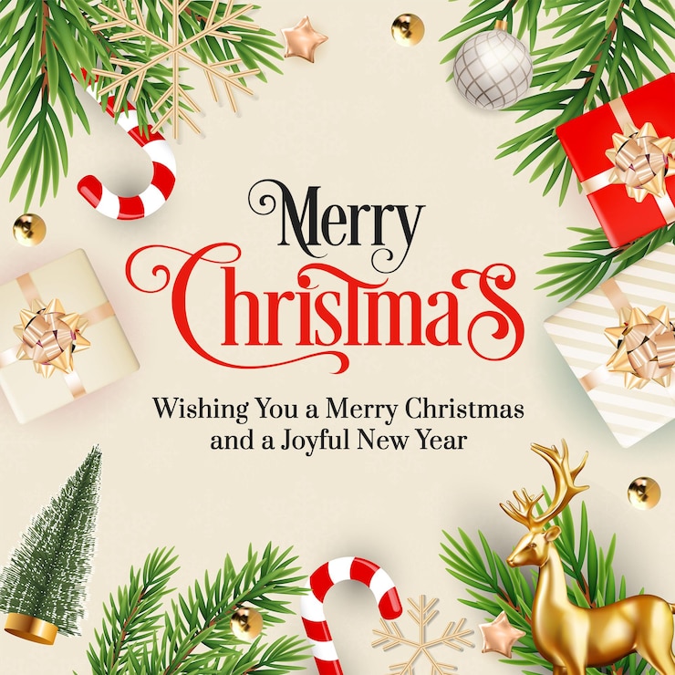 PSD une carte de noël avec un arbre de noël et des cadeaux autour