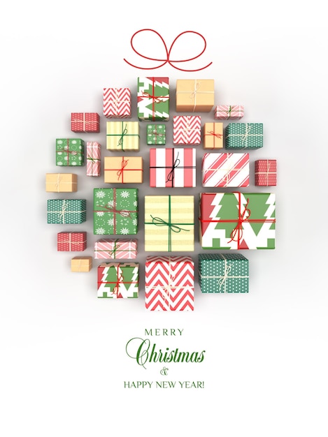 Carte de Noël avec des cadeaux sous forme de boule de Noël