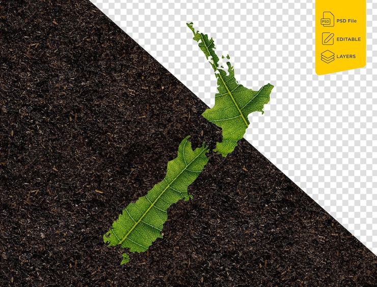 PSD carte de la nouvelle-zélande faite de feuilles vertes sur le sol arrière-plan concept d'écologie illustration 3d