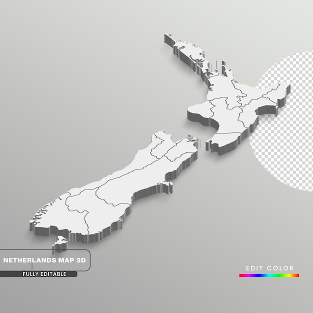 PSD une carte de la nouvelle-zélande sur fond blanc carte isométrique 3d entièrement modifiable avec états