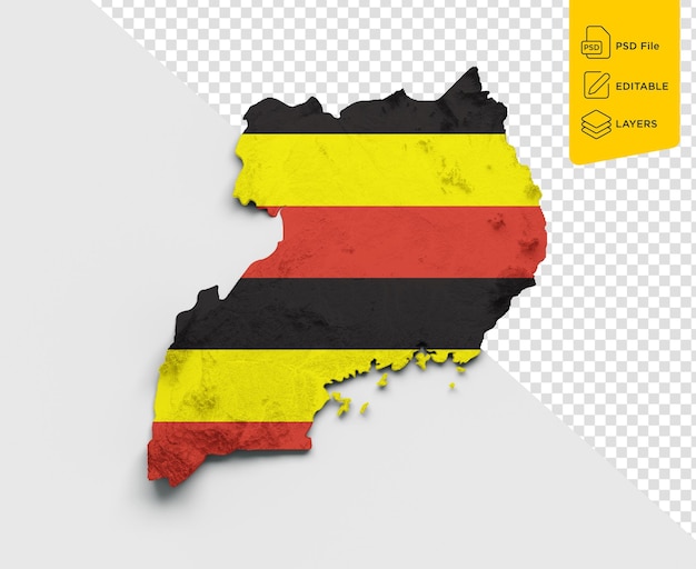 PSD carte de l'ouganda drapeau de l'ouganda relief ombragé carte de hauteur de couleur sur fond isolé illustration 3d