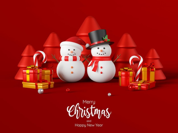 Carte postale de Noël de bonhomme de neige avec des cadeaux de Noël, illustration 3d