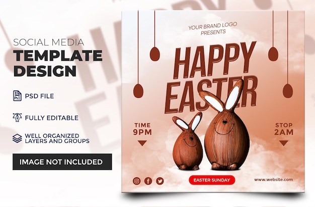 PSD une carte postale pour joyeuses pâques avec deux lapins en chocolat dessus.