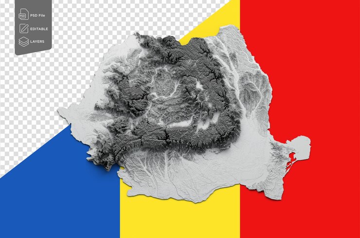 PSD carte de la roumanie carte en relief ombragé noir et blanc sur le drapeau roumain arrière-plan illustration 3d