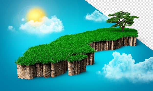 PSD carte de la suède carte 3d réaliste de la suède nuages arbre rayons de soleil sur illustration 3d ciel bleu vif