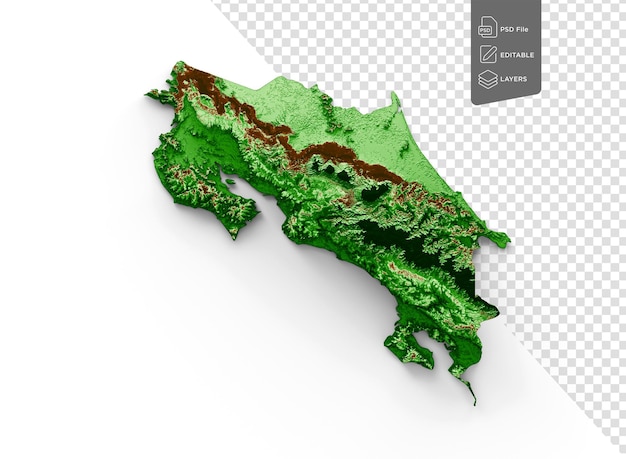 PSD carte topographique du costa rica en 3d carte réaliste en couleur sur fond blanc illustration en 3d