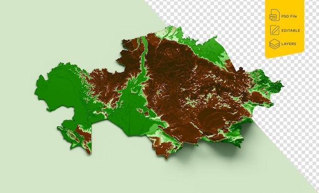 Carte topographique du Kazakhstan 3D Carte réaliste couleur sur fond vert pastel Illustration 3D