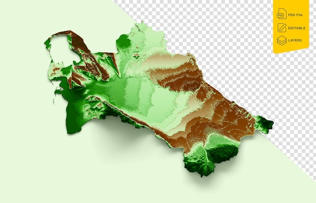 Carte topographique du Turkménistan 3d Carte réaliste couleur sur fond vert pastel illustration 3d