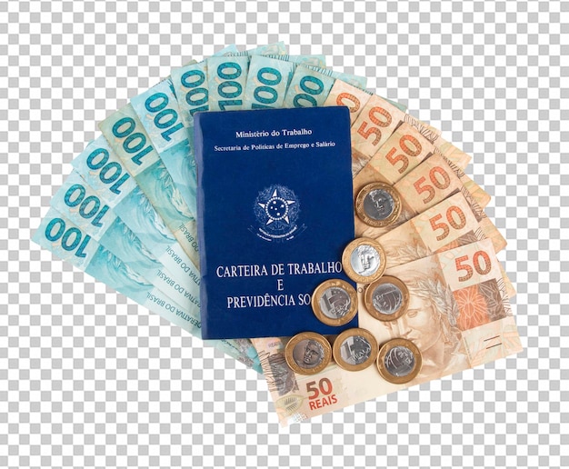 Carte de travail brésilienne avec de l'argent et des pièces Economie et concept de salaire