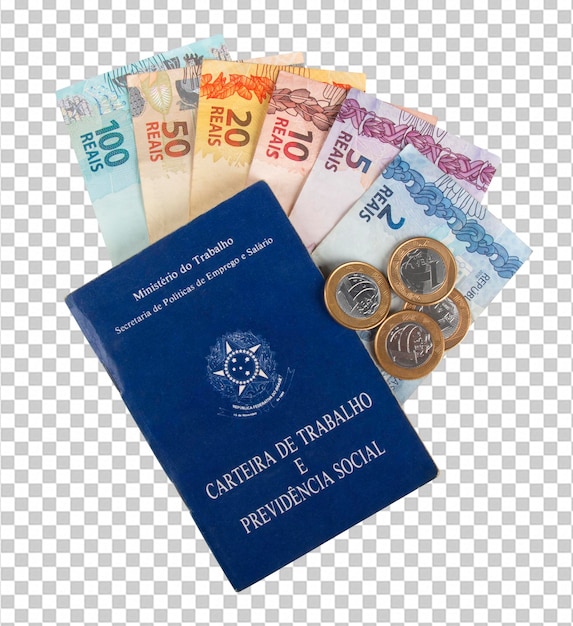 Carte de travail brésilienne avec de l'argent et des pièces symbolisant l'emploi et le salaire