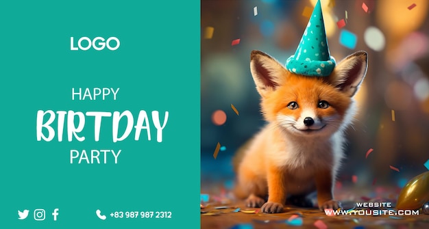 PSD une carte verte avec un renard dessus avec un chapeau d'anniversaire dessus.