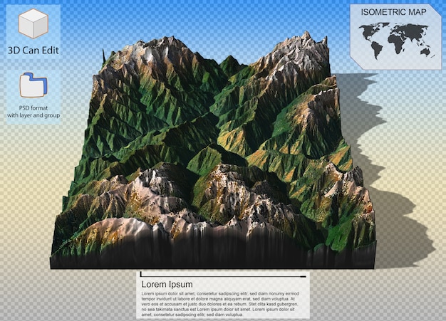 Carte virtuelle isométrique terrain 3d pour infographie.