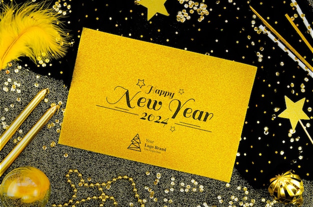 PSD carte de vœux jaune modèle de noël nouvelle année 2024