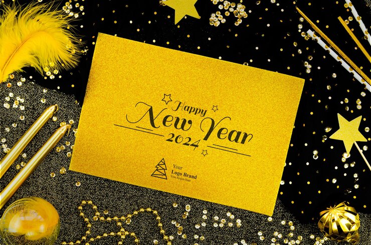 PSD carte de vœux jaune modèle de noël nouvelle année 2024