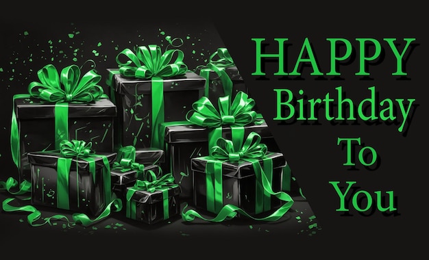 PSD carte de voeux joyeux anniversaire coffrets cadeaux noirs avec rubans verts sur fond noir