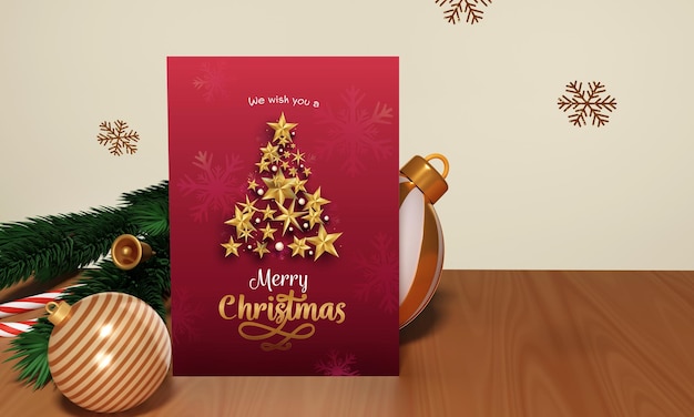 Carte de voeux joyeux Noël avec arbre de Noël fait par 3D Golden Stars Baubles Jingle Bell Candy Cane Sapin Feuilles Flocons de neige sur fond marron