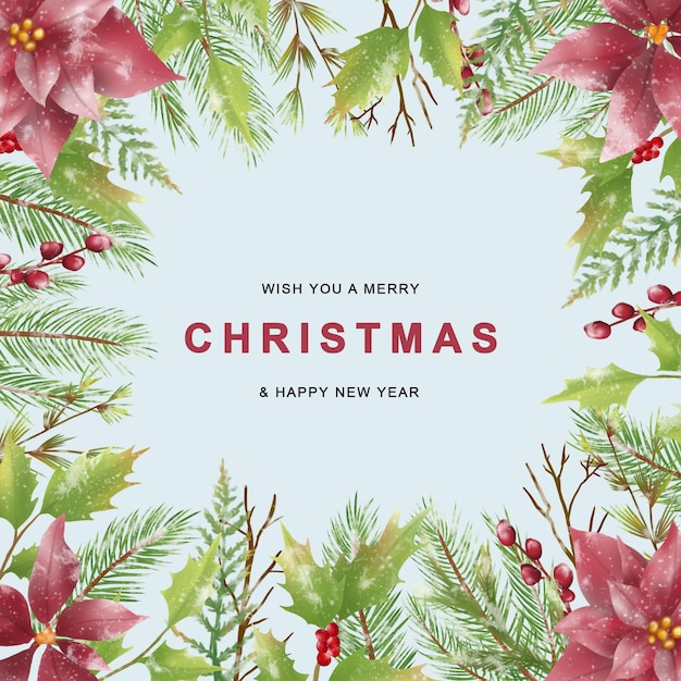 carte de voeux de noël avec des feuilles de noël de style aquarelle