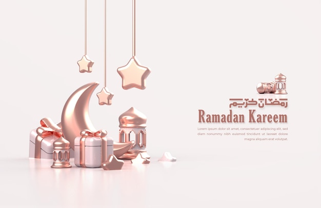 Carte de voeux de ramadan islamique avec croissant de lune 3D, étoile suspendue, boîte-cadeau et lanternes arabes