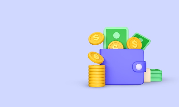 Carteira 3D com papel-moeda e moedas Doller e pilha de moedas